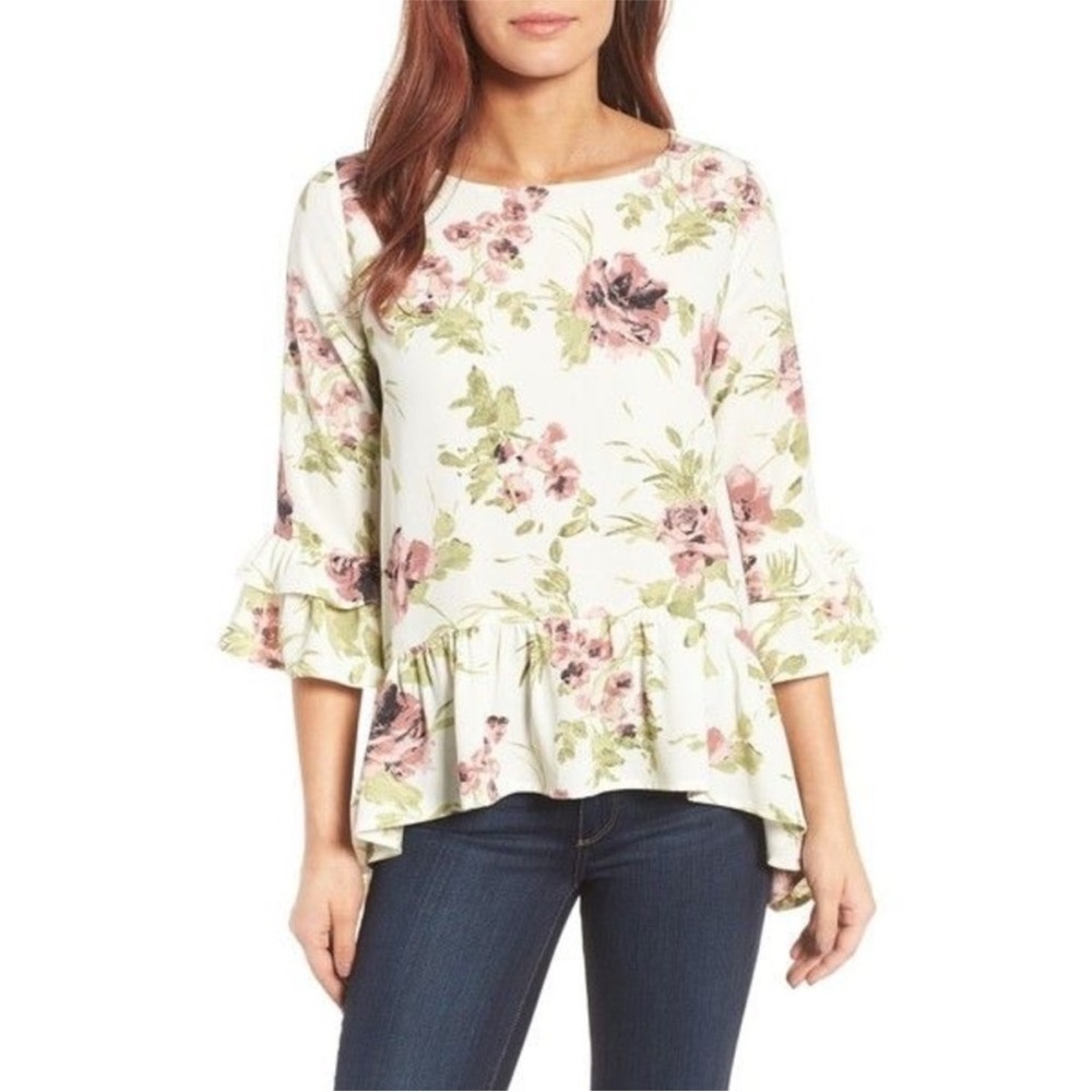 🌺 EUC Gibson Peplum Top Ivory Floral Print XS